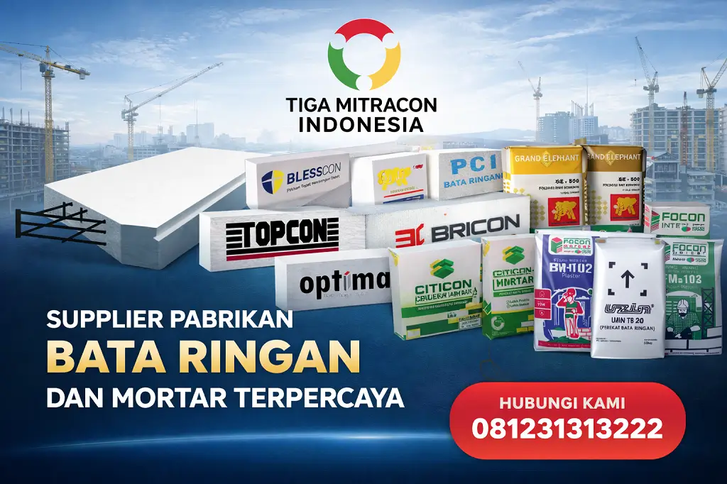 Distributor Bata Ringan dan Semen Mortar Surabaya PT Tiga Mitracon Indonesia berbagai merk Blesscon, Bricon, Citicon, Focon, Grand Elephant dan Panel Lantai