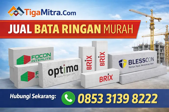Banner TigaMitra.com Jual Bata Ringan Murah berbagai merek Focon, Optima, Brix, Blesscon dengan CTA 085331398222