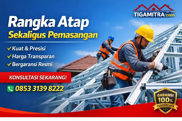 Rangka Atap Sekaligus Pemasangan Baja Ringan TigaMitra.com dengan teknisi profesional dan CTA konsultasi 085331398222