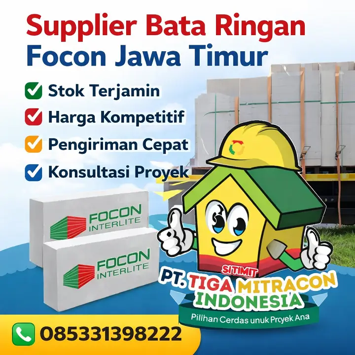 Banner Supplier Bata Ringan Focon Jawa Timur PT Tiga Mitracon Indonesia dengan CTA 085331398222, stok terjamin dan pengiriman cepat